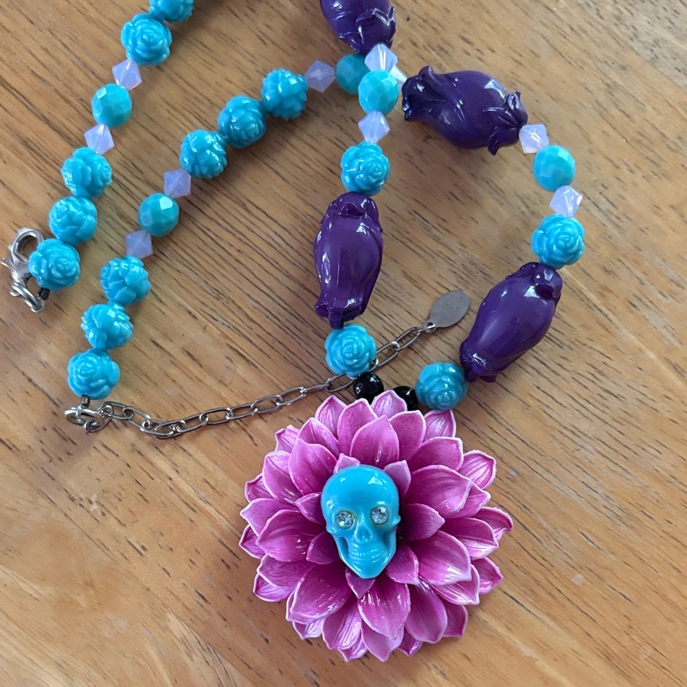 Tarina Tarantino Purple and Blue Floral Skull Necklace - Picture 7 of 7